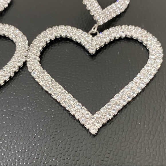 Unsigned Silver-tone Open Heart Pave Clear Rhinestones Hearts Drop Earrings 12g. - Picture 11 of 12
